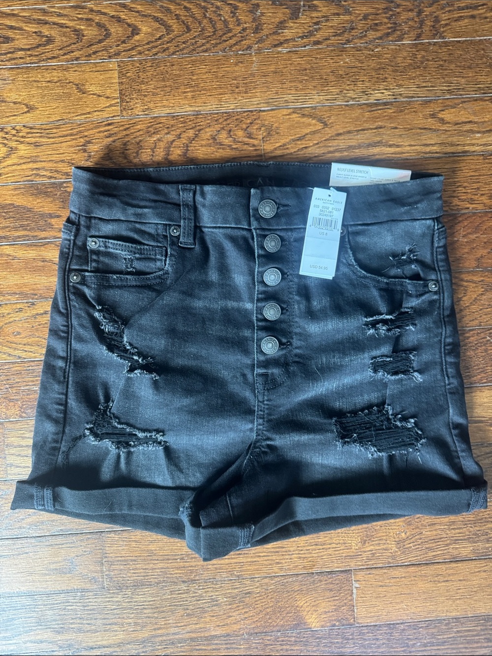 NWT AE Curvy High-Rise Distressed Black Denim Shorts